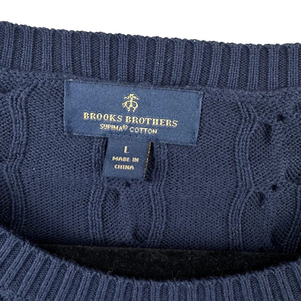 Brooks Brothers Cable Knit Sweater Men Large Navy Blue Supima Cotton Preppy Logo